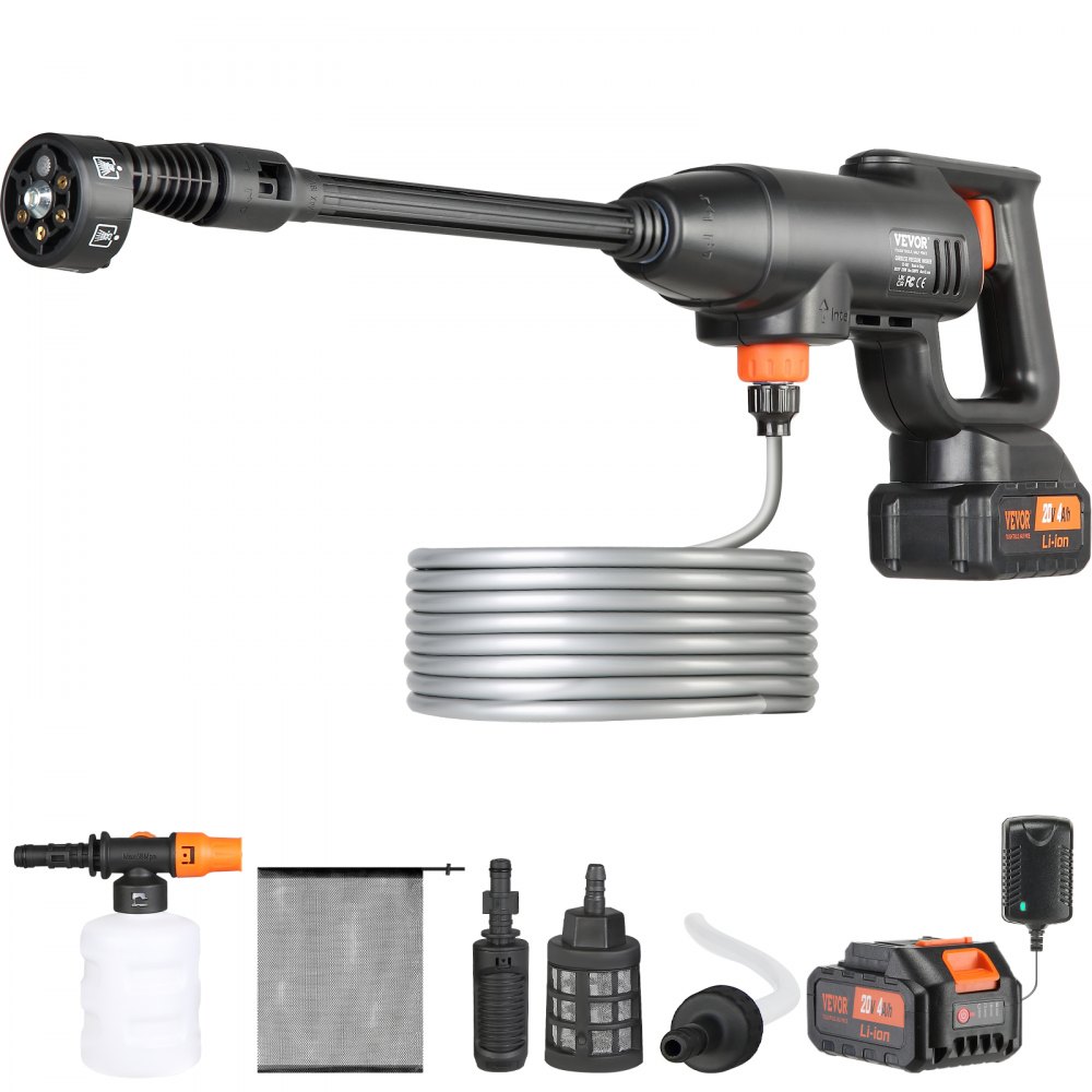 VEVOR Akku Hochdruckreiniger Kabellos Wasser Druckreiniger Spritzpistole Druckreinigerpistole (220W 21V, 40bar, zur mobilen Reinigung und Bewässerung, 4L/min, inkl. Zubehör, Ladegerät)