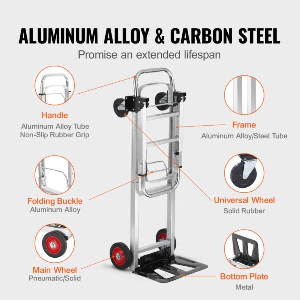 VEVOR 2-in-1 Sackkarre Klappbar 0,6243kg Tragfähigkeit Transportkarre Aluminiumlegierung & Kohlenstoffstahl Sackkarre ⇋ Plattformwagen Trolley für Lade- & Transportaufgaben im Innen- & Außenbereich – Bild 4