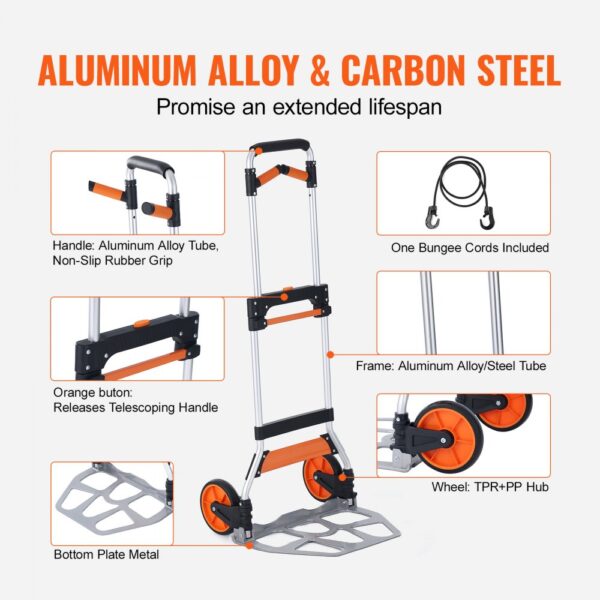 VEVOR Sackkarre Klappbar 140kg Transportkarre aus Aluminiumlegierung und Kunststoff Stapelkarre mit verstellbarem Griff 900-1109mm Faltbarer Trolley inkl. Bindeseil kompakte Größe zum Verstauen – Bild 4