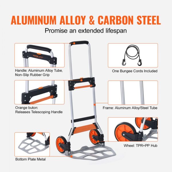 VEVOR Sackkarre Klappbar 125kg Transportkarre aus Aluminiumlegierung und Kunststoff Stapelkarre mit verstellbarem Griff 820-1105mm Faltbarer Trolley inkl. Bindeseil kompakte Größe zum Verstauen – Bild 4