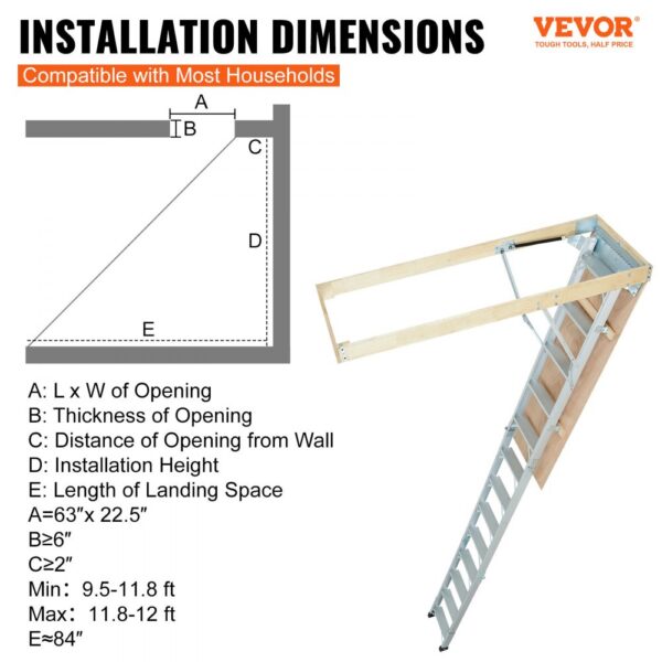 VEVOR Teleskopleiter 158,8 kg Stehleiter 12 Stufen Installationshöhe von 290 bis 300 cm oder 341 bis 366 cm Klappleiter Aluminium + Holz Haushaltsleiter mit hydraulisch gedämpftem Abstiegsdesign – Bild 2