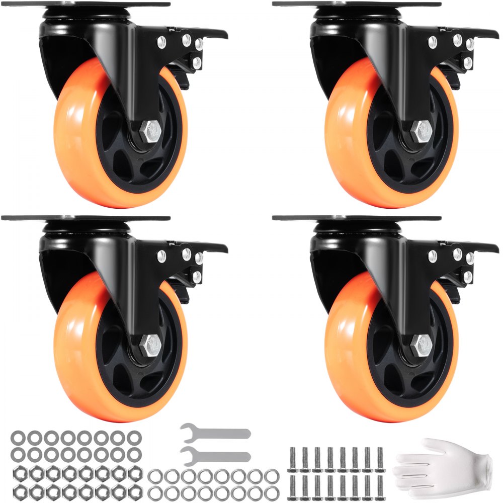 VEVOR Möbelrollen 4er-Set Lenkrollen PVC φ101,6mm Laufrollen 635kg Tragfähigkeit Transportrollen mit A/B-Bremsen Kastenrollen 360° Drehbar Schwerlastrollen für Häusern Büros Studios Fabriken