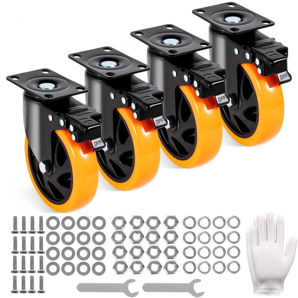 VEVOR Möbelrollen 4er-Set Lenkrollen PVC φ127mm Laufrollen 816kg Tragfähigkeit Transportrollen mit A/B-Bremsen Kastenrollen 360° Drehbar Schwerlastrollen für Häusern Büros Studios Fabriken