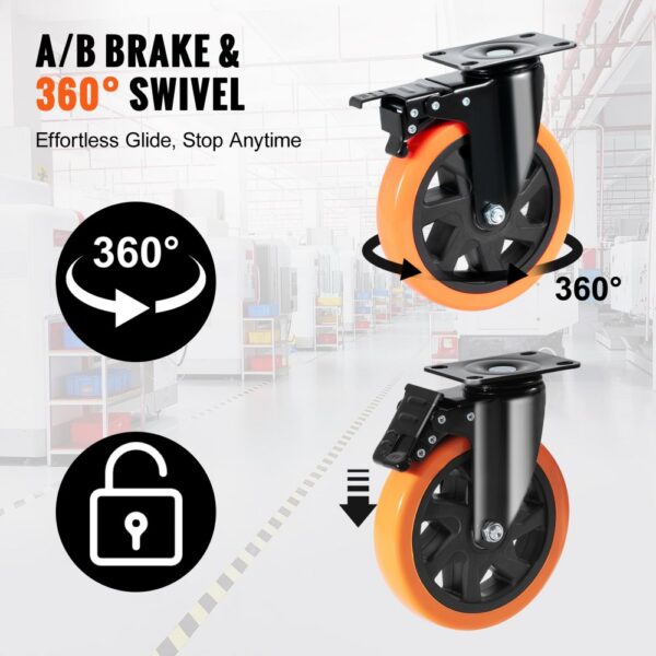 VEVOR Möbelrollen 4er-Set Lenkrollen PVC φ152,4mm Laufrollen 1.270kg Tragfähigkeit Transportrollen mit A/B-Bremsen Kastenrollen 360° Drehbar Schwerlastrollen für Häusern Büros Studios Fabriken – Bild 3 VEVOR Möbelrollen 4er-Set Lenkrollen PVC φ152,4mm Laufrollen 1.270kg Tragfähigkeit Transportrollen mit A/B-Bremsen Kastenrollen 360° Drehbar Schwerlastrollen für Häusern Büros Studios Fabriken – Bild 3