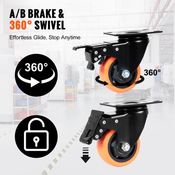 VEVOR Möbelrollen 4er-Set Lenkrollen PVC φ76,2mm Laufrollen 454kg Tragfähigkeit Transportrollen mit A/B-Bremsen Kastenrollen 360° Drehbar Schwerlastrollen für Häusern Büros Studios Fabriken – Bild 3 VEVOR Möbelrollen 4er-Set Lenkrollen PVC φ76,2mm Laufrollen 454kg Tragfähigkeit Transportrollen mit A/B-Bremsen Kastenrollen 360° Drehbar Schwerlastrollen für Häusern Büros Studios Fabriken – Bild 3
