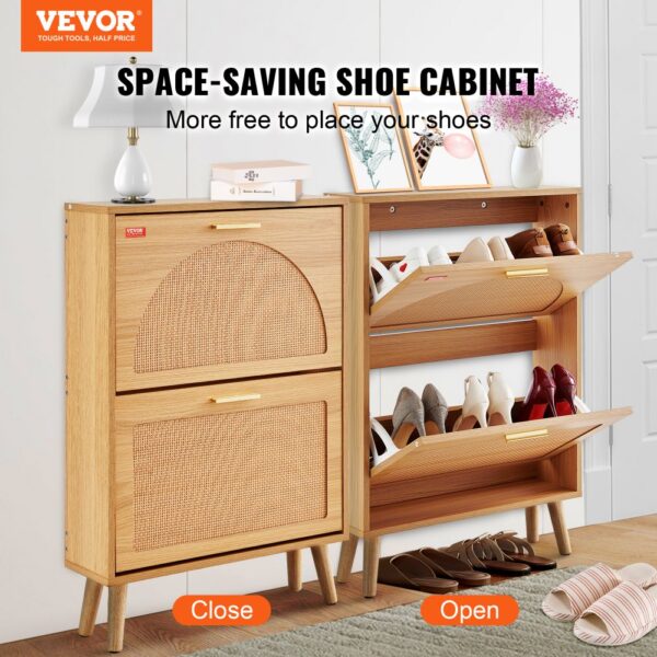 VEVOR Schuhschrank Schmal, Schuhregal Holzfarbe, 600 x 168 x 877 mm Schuhkipper mit 2 Klappen + oberem Staufach, Schuhkommode 36,28 kg Tragfähigkeit, Aufbewahrungsschrank Schuh Massivholz für Flur – Bild 2
