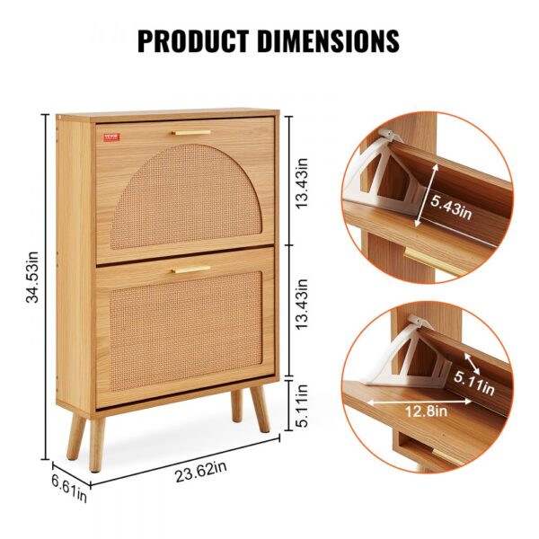 VEVOR Schuhschrank Schmal, Schuhregal Holzfarbe, 600 x 168 x 877 mm Schuhkipper mit 2 Klappen + oberem Staufach, Schuhkommode 36,28 kg Tragfähigkeit, Aufbewahrungsschrank Schuh Massivholz für Flur – Bild 3