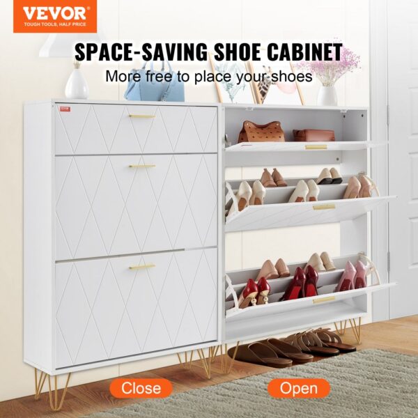 VEVOR Schuhschrank Schmal, Schuhregal Weiß, 800 x 239 x 1200 mm Schuhkipper mit 3 Klappen + oberem Staufach, Schuhkommode 68 kg Tragfähigkeit, Aufbewahrungsschrank Schuh P2-Spanplatte für Flur – Bild 2