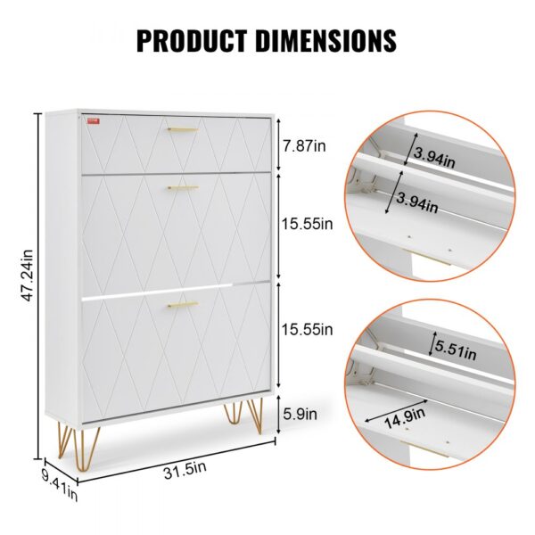 VEVOR Schuhschrank Schmal, Schuhregal Weiß, 800 x 239 x 1200 mm Schuhkipper mit 3 Klappen + oberem Staufach, Schuhkommode 68 kg Tragfähigkeit, Aufbewahrungsschrank Schuh P2-Spanplatte für Flur – Bild 3