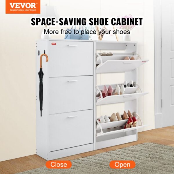 VEVOR Schuhschrank Schmal, Schuhregal Weiß, 600 x 237 x 1200 mm Schuhkipper mit 3 Klappen + oberem Staufach, Schuhkommode 45,35 kg Tragfähigkeit, Aufbewahrungsschrank Schuh Massivholz für Flur – Bild 2
