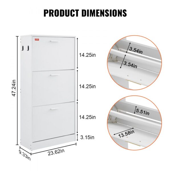 VEVOR Schuhschrank Schmal, Schuhregal Weiß, 600 x 237 x 1200 mm Schuhkipper mit 3 Klappen + oberem Staufach, Schuhkommode 45,35 kg Tragfähigkeit, Aufbewahrungsschrank Schuh Massivholz für Flur – Bild 3