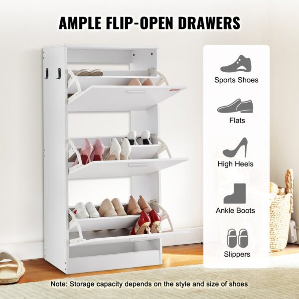 VEVOR Schuhschrank Schmal, Schuhregal Weiß, 600 x 237 x 1200 mm Schuhkipper mit 3 Klappen + oberem Staufach, Schuhkommode 45,35 kg Tragfähigkeit, Aufbewahrungsschrank Schuh Massivholz für Flur – Bild 4