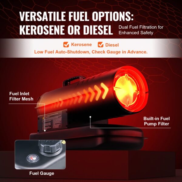 VEVOR Kerosin-/Diesel-Warmluftheizung, 70000 BTU Torpedo-Raumheizer, tragbar mit Thermostatregelung, 19-Liter-Tank, effizienter Kerosinheizer für den Innen- und Außenbereich für Zuhause, Baustelle, Industrie, Werkstätten, Schwarz – Bild 4
