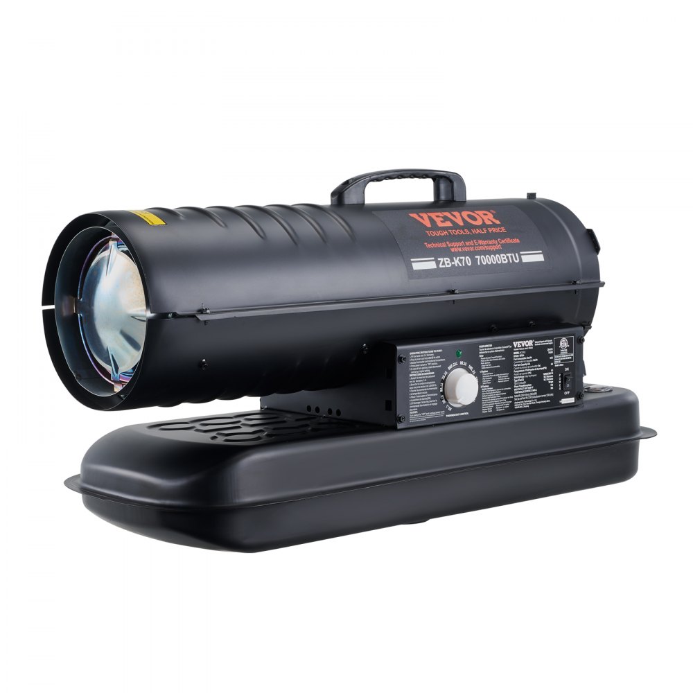 VEVOR Kerosin-/Diesel-Warmluftheizung, 70000 BTU Torpedo-Raumheizer, tragbar mit Thermostatregelung, 19-Liter-Tank, effizienter Kerosinheizer für den Innen- und Außenbereich für Zuhause, Baustelle, Industrie, Werkstätten, Schwarz