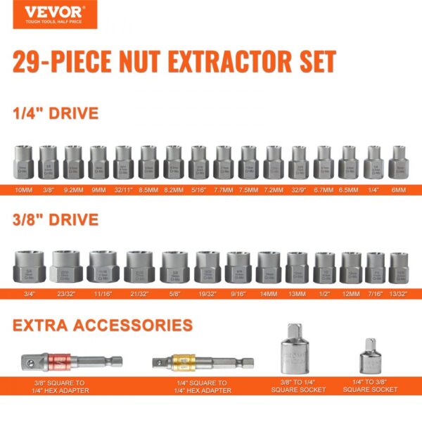 VEVOR Bolzenausdreher-Set, 29-teiliges Bolzen- und Muttern-Entferner-Set, 6mm bis 10mm, 10,3mm bis 19,05mm, Auszieh-Steckschlüsselsatz aus CR-MO-Stahl mit Aufbewahrungskoffer, Mutter zum Entfernen – Bild 2
