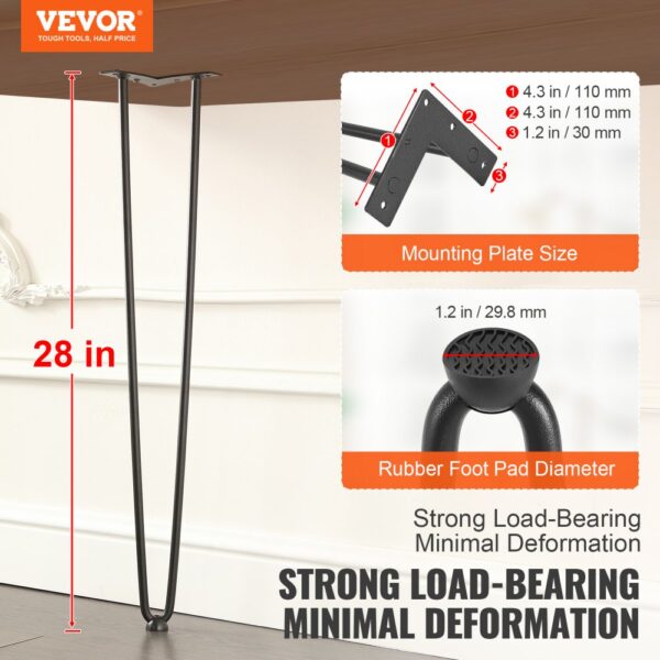 VEVOR 4er-Set Tischbeine Haarnadelbein 710mm hoch 110x110mm Montageplatte Kohlenstoffstahl Pulverbeschichtet Hairpinlegs 227kg Tragfähigkeit Ideal für Küchentische Wohnzimmerkonsolen Studio-Tische – Bild 2