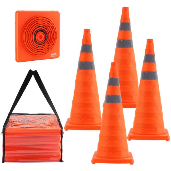 VEVOR Sicherheitskegel Verkehrshütchen, 4 Stk. Zusammenklappbare Verkehrskegel, Baukegel mit Reflektierenden Kragen, Warnkegel mit Aufbewahrungstasche, Geeignet für Verkehrskontrolle, Parkplätze