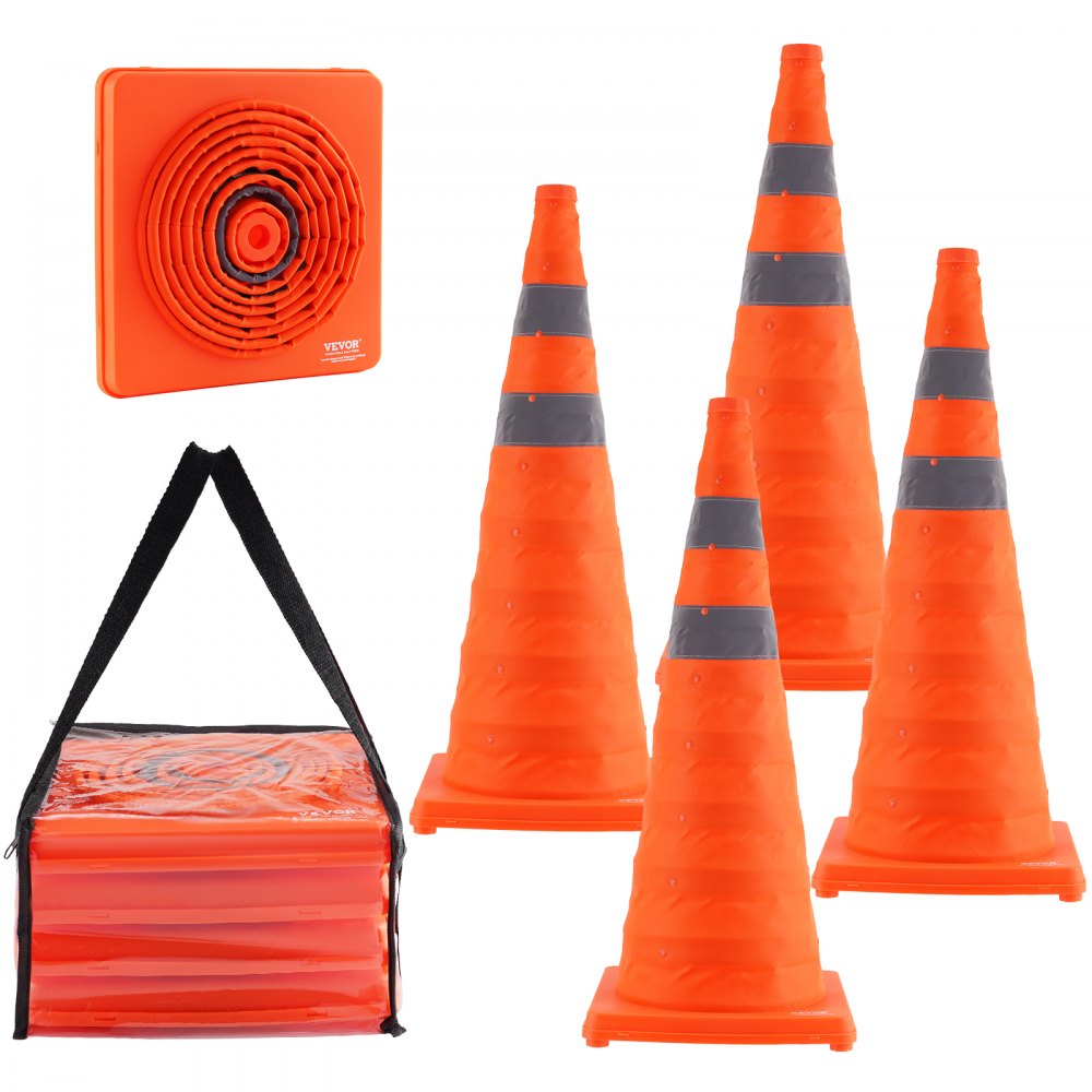 VEVOR Sicherheitskegel Verkehrshütchen, 4 Stk. Zusammenklappbare Verkehrskegel, Baukegel mit Reflektierenden Kragen, Warnkegel mit Aufbewahrungstasche, Geeignet für Verkehrskontrolle, Parkplätze