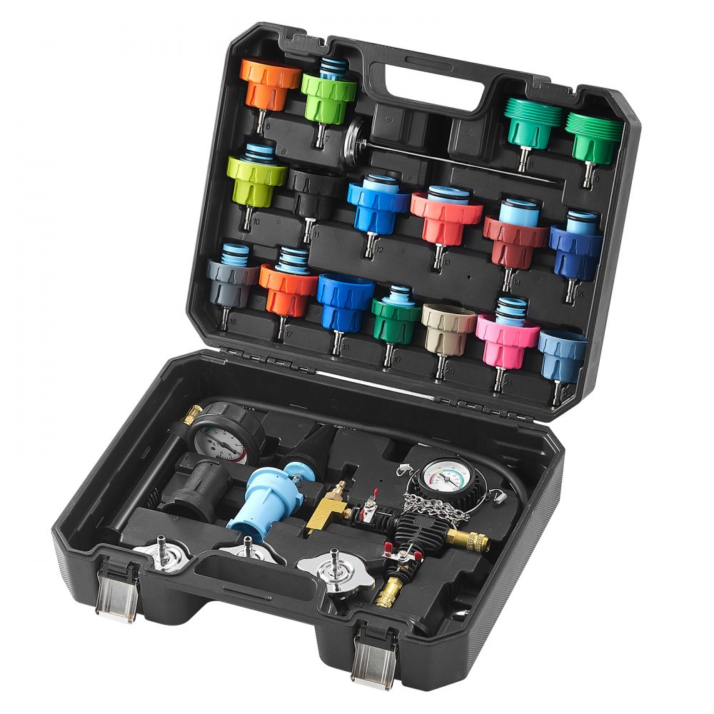 VEVOR 28-teiliges Kühlerkühlmittel-Druckprüfer-Set Abdrückgerät, Abdrücken Tester Kühlwasser Befüllgerät, Kühler Entlüftungsgerät Kühlsystemtester inkl. Thermometer, 17 Metalladapter und 3 Prüfkappen