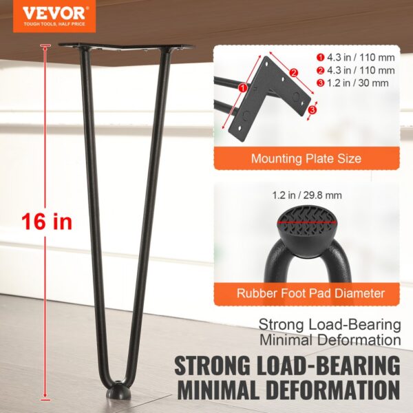 VEVOR 4er-Set Tischbeine Haarnadelbein 406mm hoch 110x110mm Montageplatte Kohlenstoffstahl Pulverbeschichtet Hairpinlegs 227kg Tragfähigkeit Ideal für Küchentische Wohnzimmerkonsolen Studio-Tische – Bild 2
