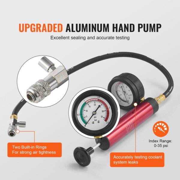 VEVOR 14-teiliges Kühlerkühlmittel-Druckprüfer-Set Abdrückgerät, Abdrücken Tester Kühlwasser Befüllgerät, Kühler Entlüftungsgerät Kühlsystemtester inkl. Thermometer, 4 Metalladapter und 8 Prüfkappen – Bild 3