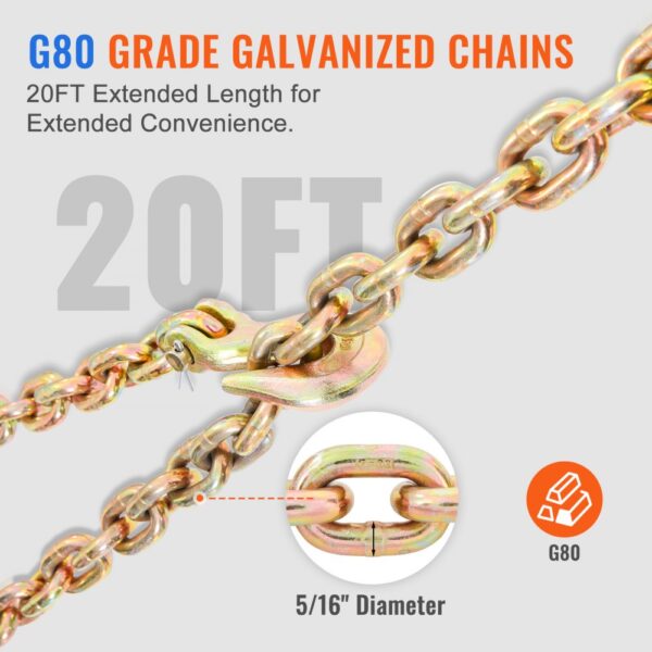 VEVOR Ratschen-Kettenbinder 2 Stück 3/8"-1/2" Hochleistungs-Lastbinder mit G80-Ketten 5443 kg sichere Belastungsgrenze, arbeitssparender Anti-Rutsch-Griff Spannkettenbinder für Tieflader-LKW-Anhänger – Bild 3
