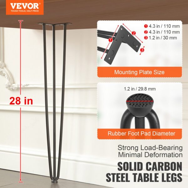 VEVOR 4er-Set Tischbeine Hairpin Tischkufen 710mm hoch 110x110mm Montageplatte Kohlenstoffstahl mattschwarze Pulverbeschichtung Tischfüße mit Gummifußpolster 408kg Tragfähigkeit – Bild 2