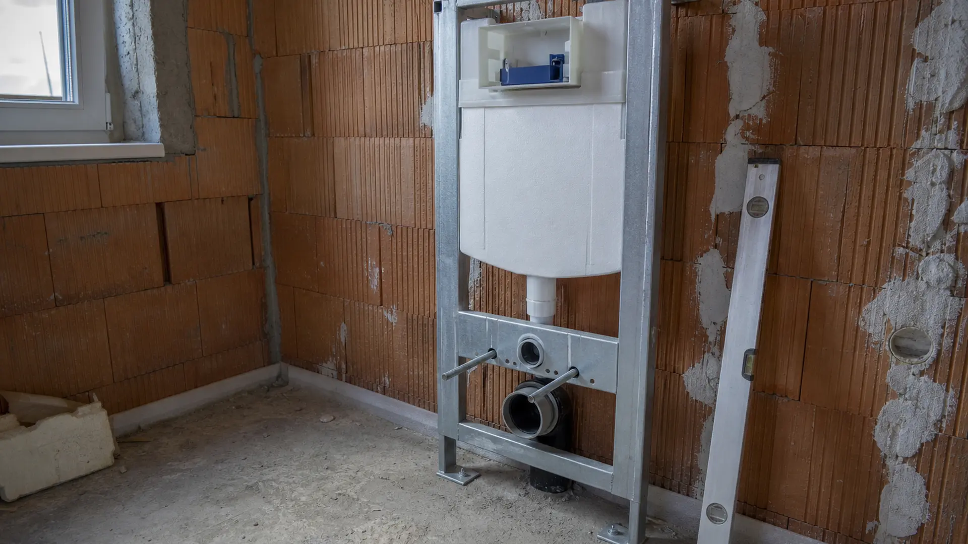 Verzinktes WC-Vorwandelement steht vor einer Rohbauwand, daran angeschlossen ein graues Abwasserrohr und zwei Gewindestangen