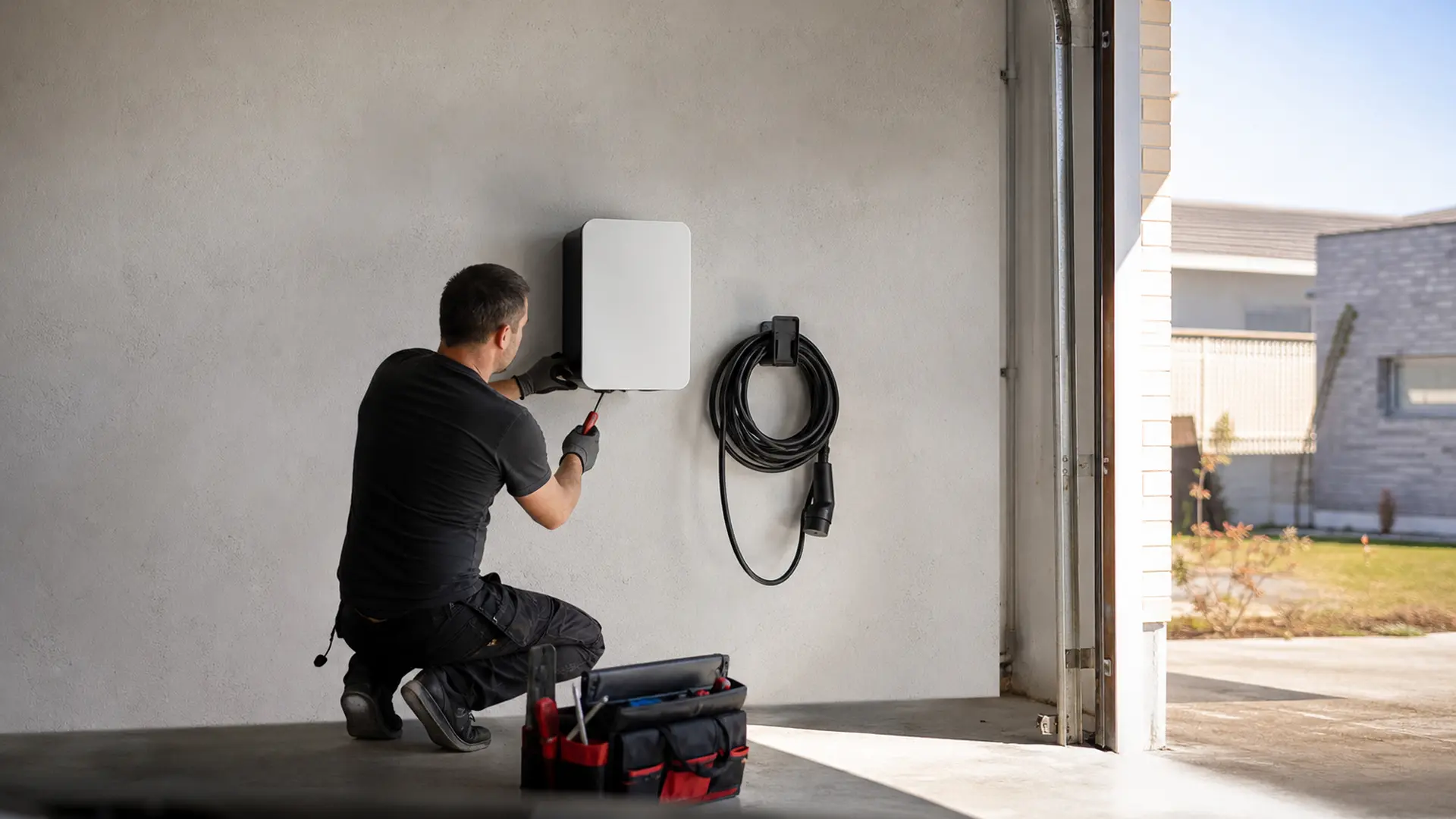 Wandmontierte Wallbox an einer Garagenwand mit aufgehängtem Ladekabel