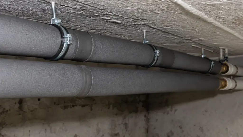 Gedämmte Warm- und Kaltwasserleitung verlaufen parallel an einer Kellerdecke