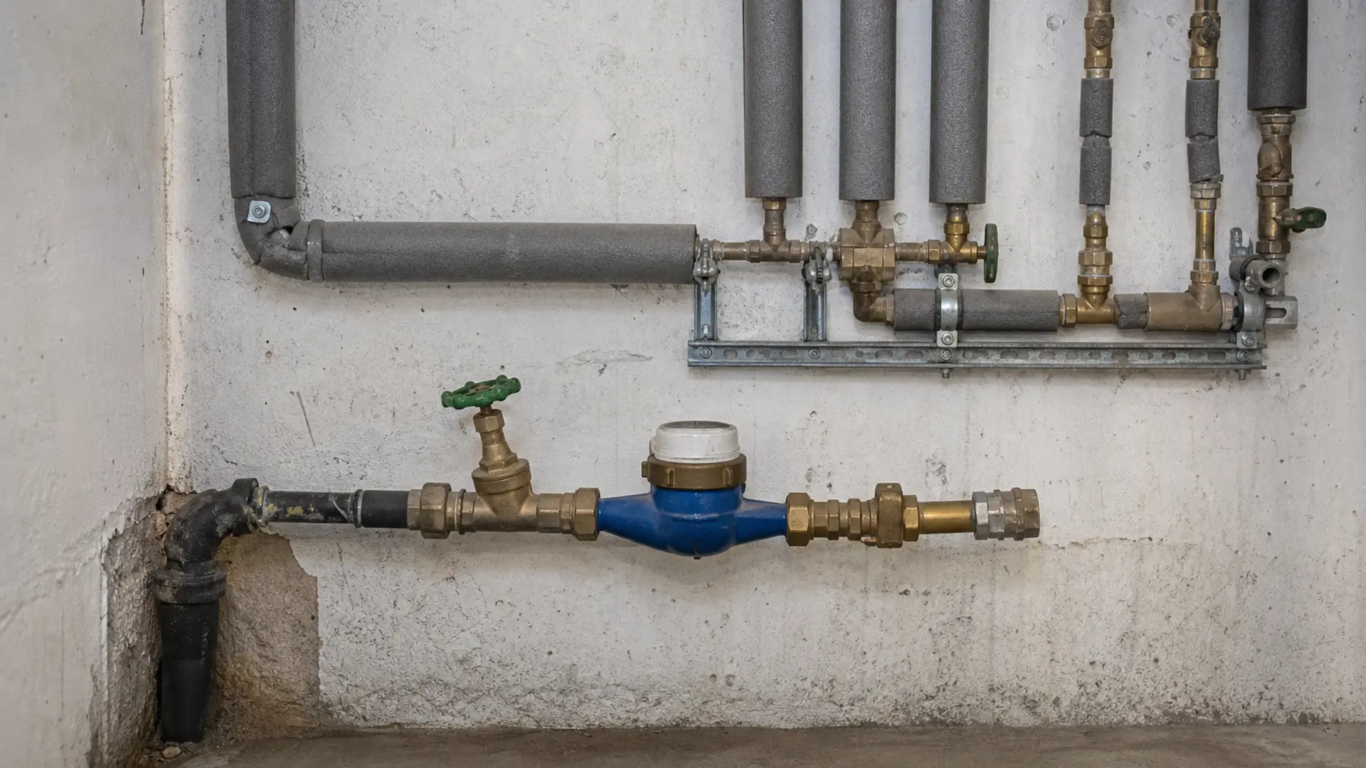 Wasserverteilung im Keller mit Hauptabsperrung, Wasserzähler und Verteilerleitungen