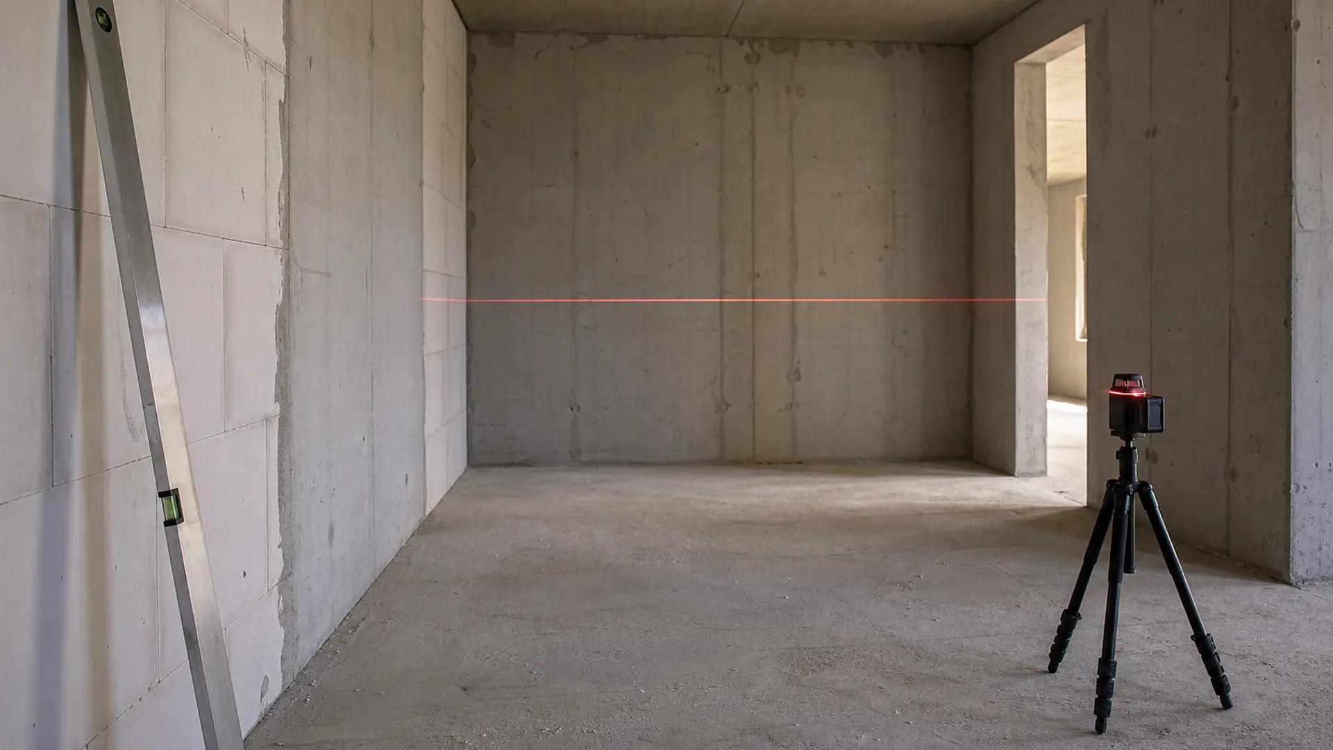 Lange Wasserwaage und ein Kreuzlinienlaser auf einem Stativ stehen in einem Rohbauraum