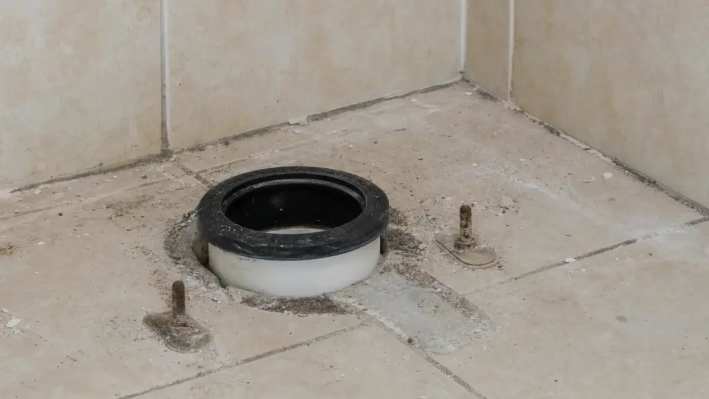 Blick hinter ein demontiertes Stand-WC auf ein senkrecht im Boden verschwindendes Abflussrohr mit aufgesetzter Dichtmanschette