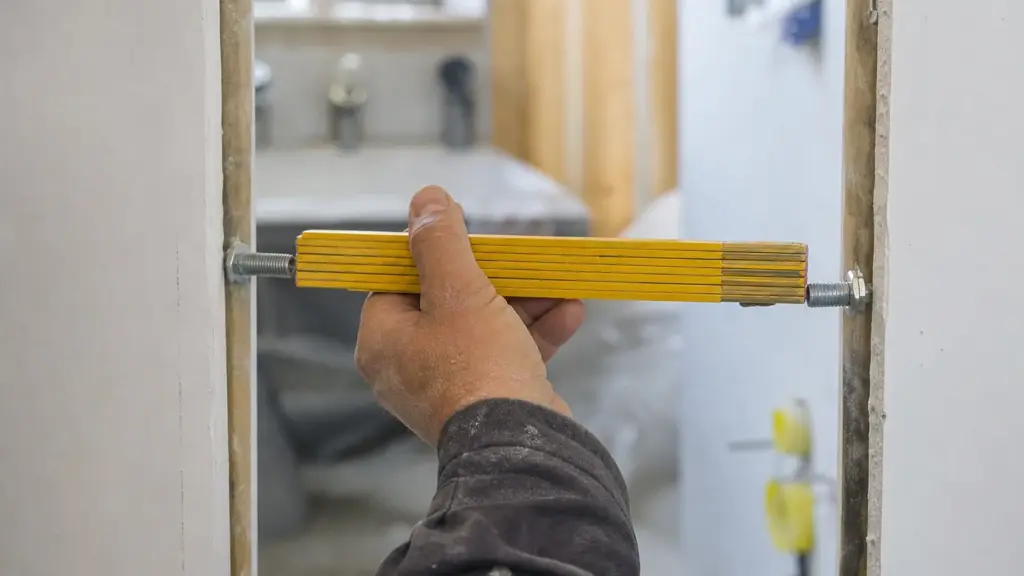 Hand misst mit einem Gliedermaßstab den Abstand zwischen zwei Gewindestangen an der Vorwand für ein wandhängendes WC