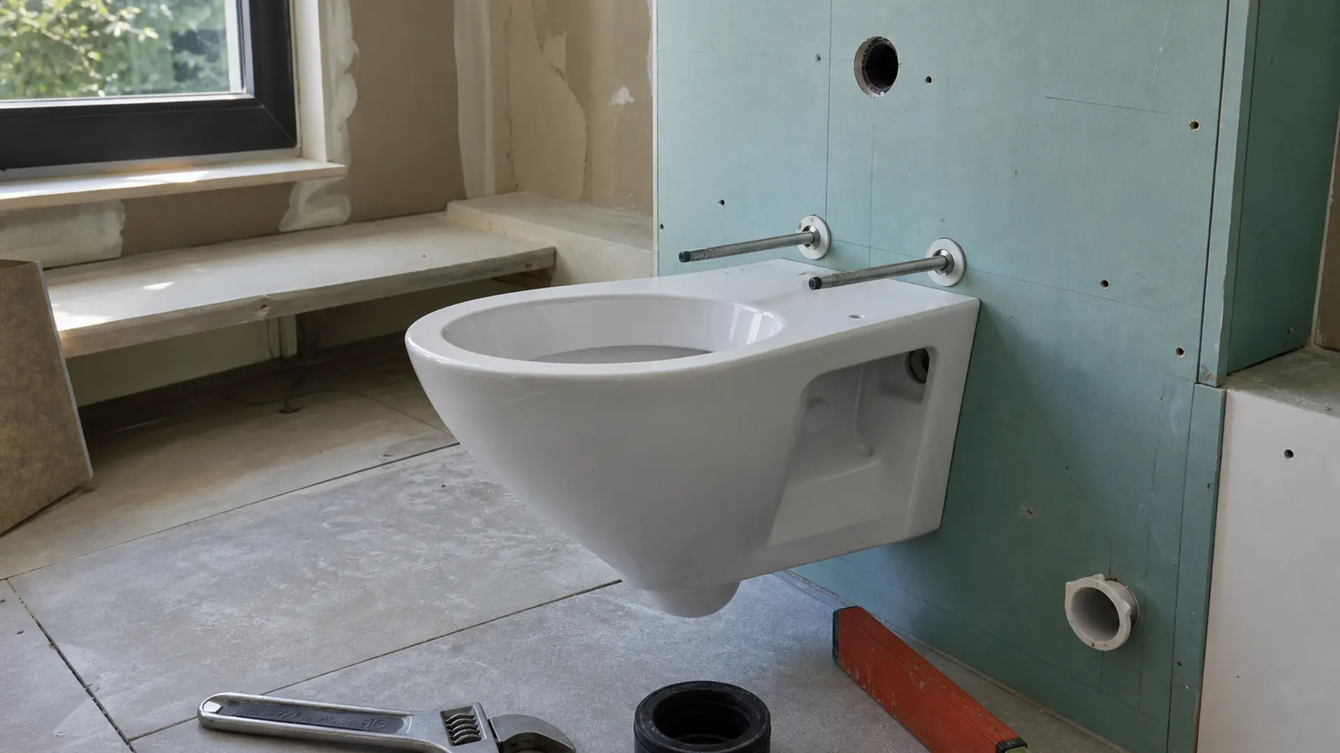 Wandhängendes WC vor einer halbhohen Vorwand, daneben liegen Montageschlüssel und Dichtungsmanschette auf dem Fliesenboden