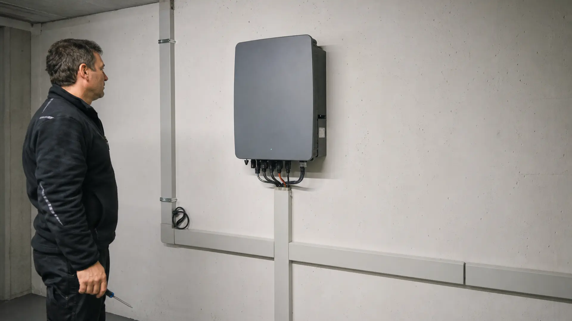 Wandmontierter Wechselrichter mit Abstand zu Wand und Decke in einem Technikraum