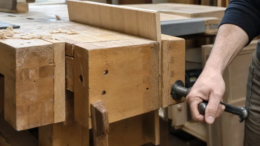 Holzbrett in der Vorderzange einer Werkbank, eine Hand zieht die Spindel fest