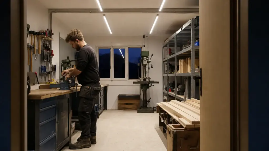 Gleichmäßig ausgeleuchtete Werkstatt mit mehreren LED-Deckenleuchten in Reihe