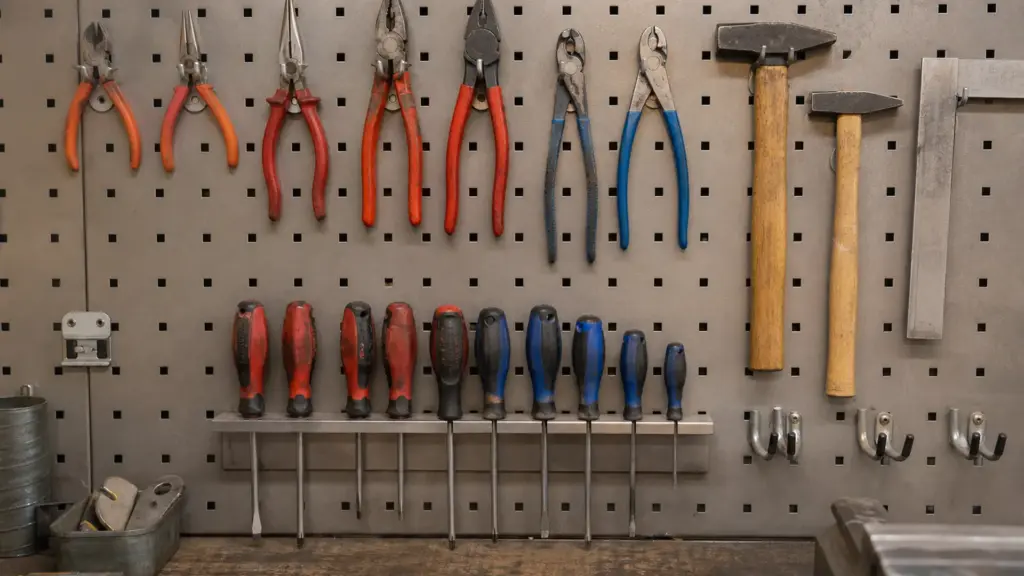 Lochwand über einer Werkbank mit eingehängten Zangen, Schraubendrehern und Hämmern