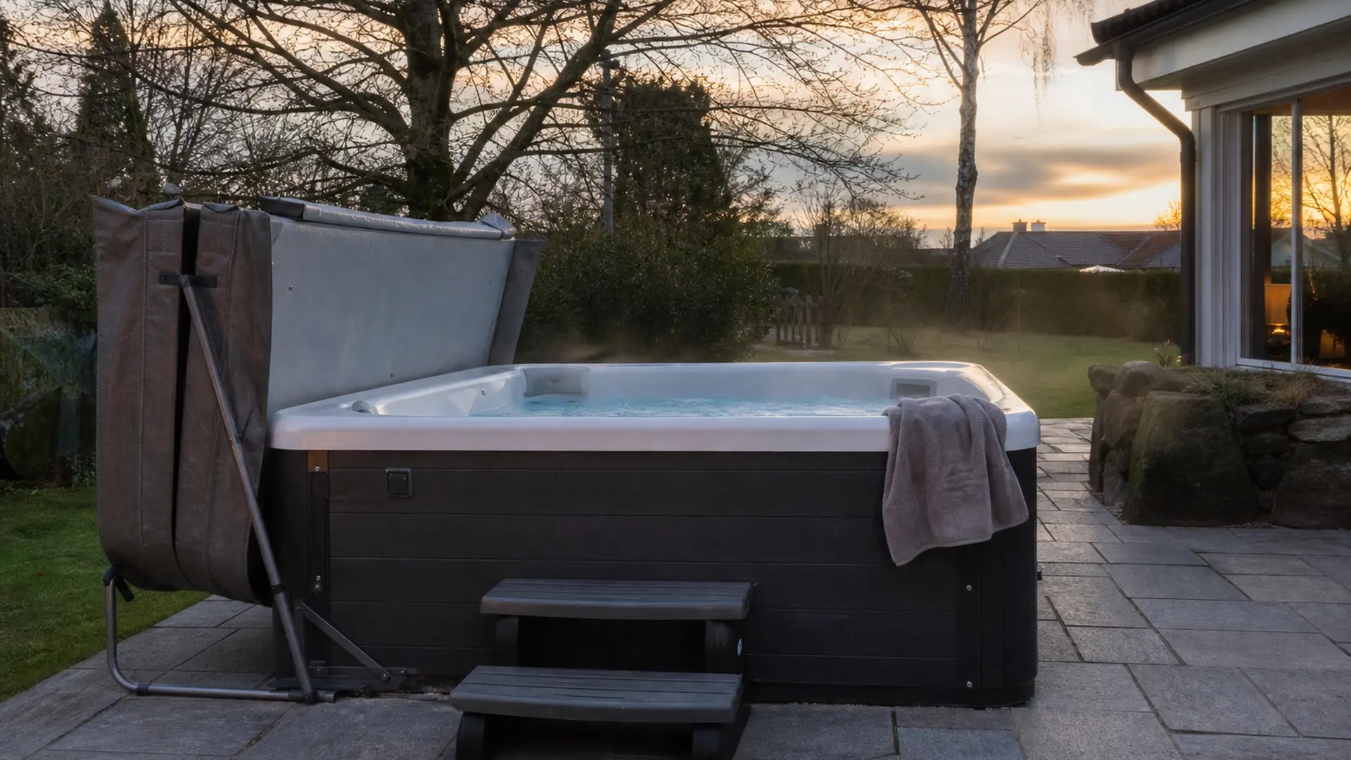 Whirlpool auf einer befestigten Fläche im Garten, die Abdeckung liegt aufgeklappt daneben