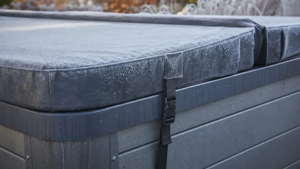 Schwere Thermoabdeckung liegt geschlossen auf einem Whirlpool, der Rand schließt bündig ab