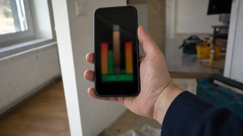 Signalstärke wird mit dem Smartphone in einem Raum gemessen