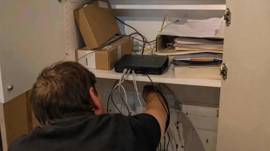 Router steht eingeengt im Schrank hinter Kartons