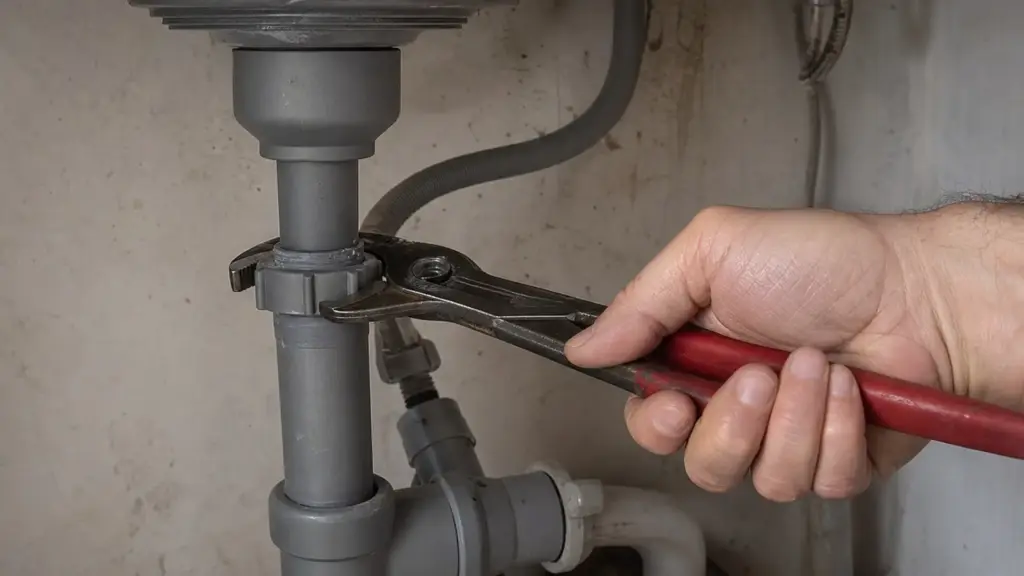 Wasserpumpenzange umfasst eine Überwurfmutter an einem Rohr, die Backen liegen parallel an