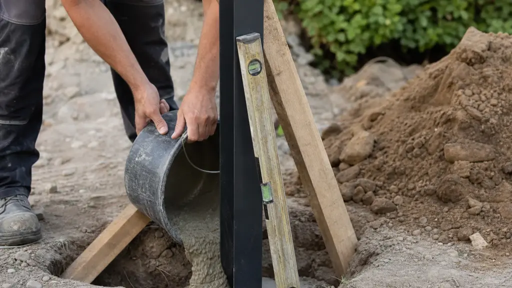 Zaunpfosten steht lotrecht in einem ausgehobenen Loch, das gerade mit Beton verfüllt wird