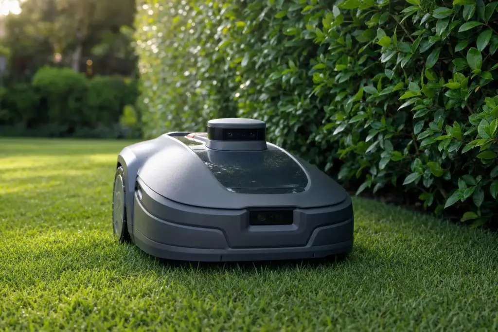 Kabelloser Mähroboter mit Sensormodul auf gepflegtem Rasen