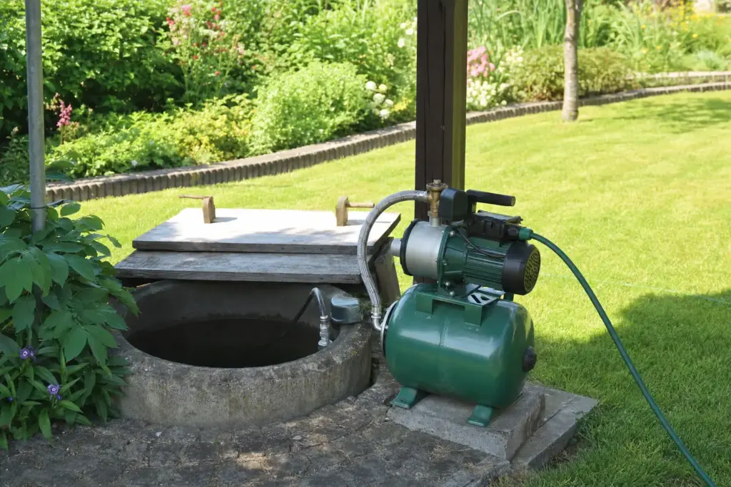 Hauswasserwerk mit Druckkessel neben einem Brunnenschacht im Garten