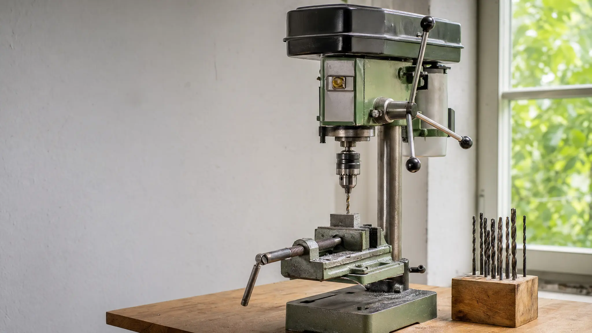 Eine Säulenbohrmaschine mit eingespanntem Werkstück in einer Werkstatt, daneben Bohrer in einem Ständer