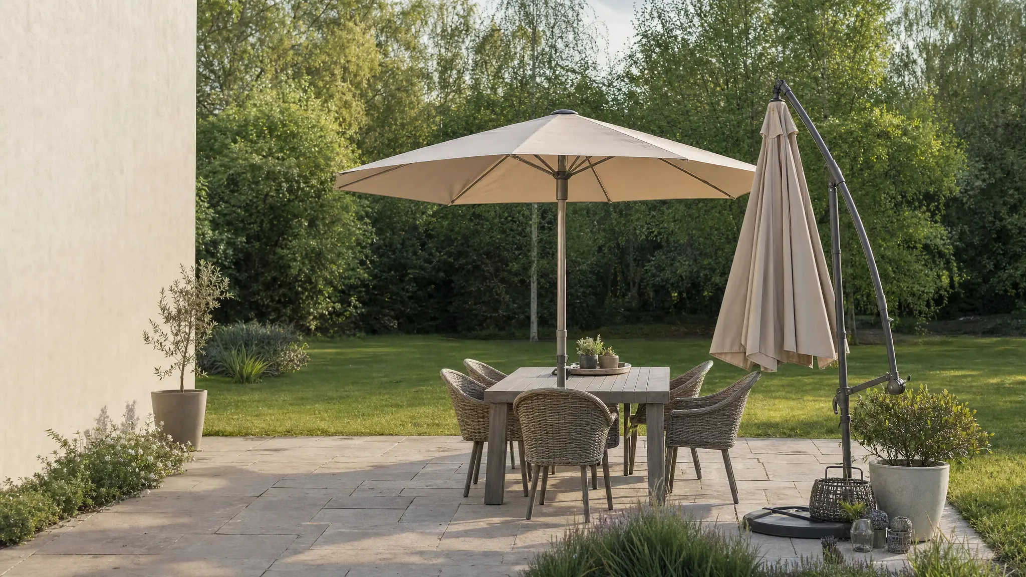 Ein aufgespannter beiger Sonnenschirm steht neben einem Gartentisch auf einer sonnigen Terrasse