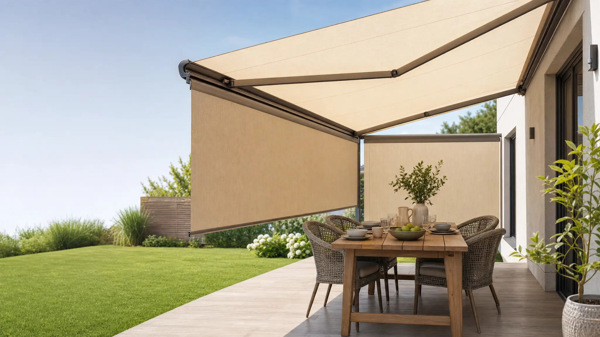 Eine ausgefahrene beige Markise beschattet eine Terrasse mit Tisch, daneben eine Seitenmarkise
